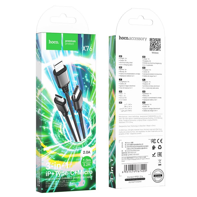 3v1 nabíjecí kabel iP+Type-C+MicroUSB ČERNÝ (310ks/krt)