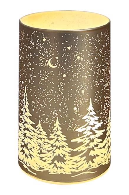 Svítící skleněný válec s motivem krajiny - zlatý, 12,8x7,5cm