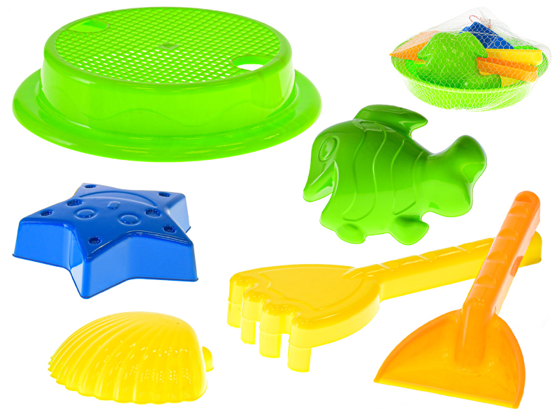 Sada na písek 3ks 20cm (sítko, lopatka, hrábě) a 3ks formiček 10-11cm 2barvy 10m+ v síťce