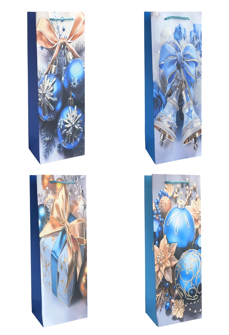 Dárková taška na láhve Vánoční - Vánoce v modrém 12x35x9cm (12ks/bal,600/krt)