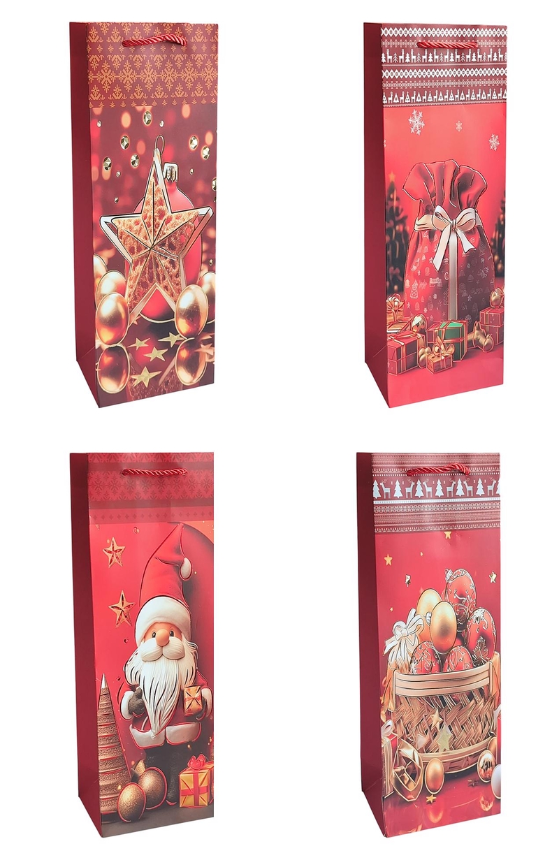 Dárková taška na láhve Vánoční - Red & Gold Wonder 12x35x9cm (12ks/bal,600/krt) 