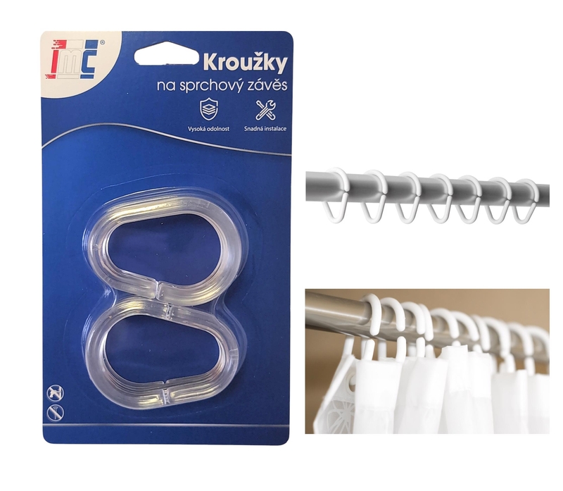 Kroužky na sprchový závěs průhledné 65x41mm 8ks (12sad/bal,288/krt)
