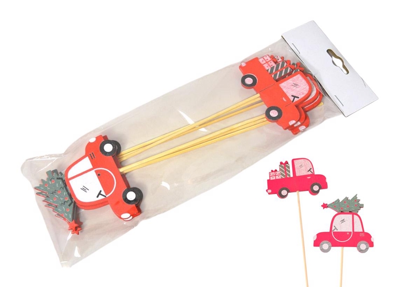 Zápich dřevo autíčko s dárky 9cm (12ks/bal)