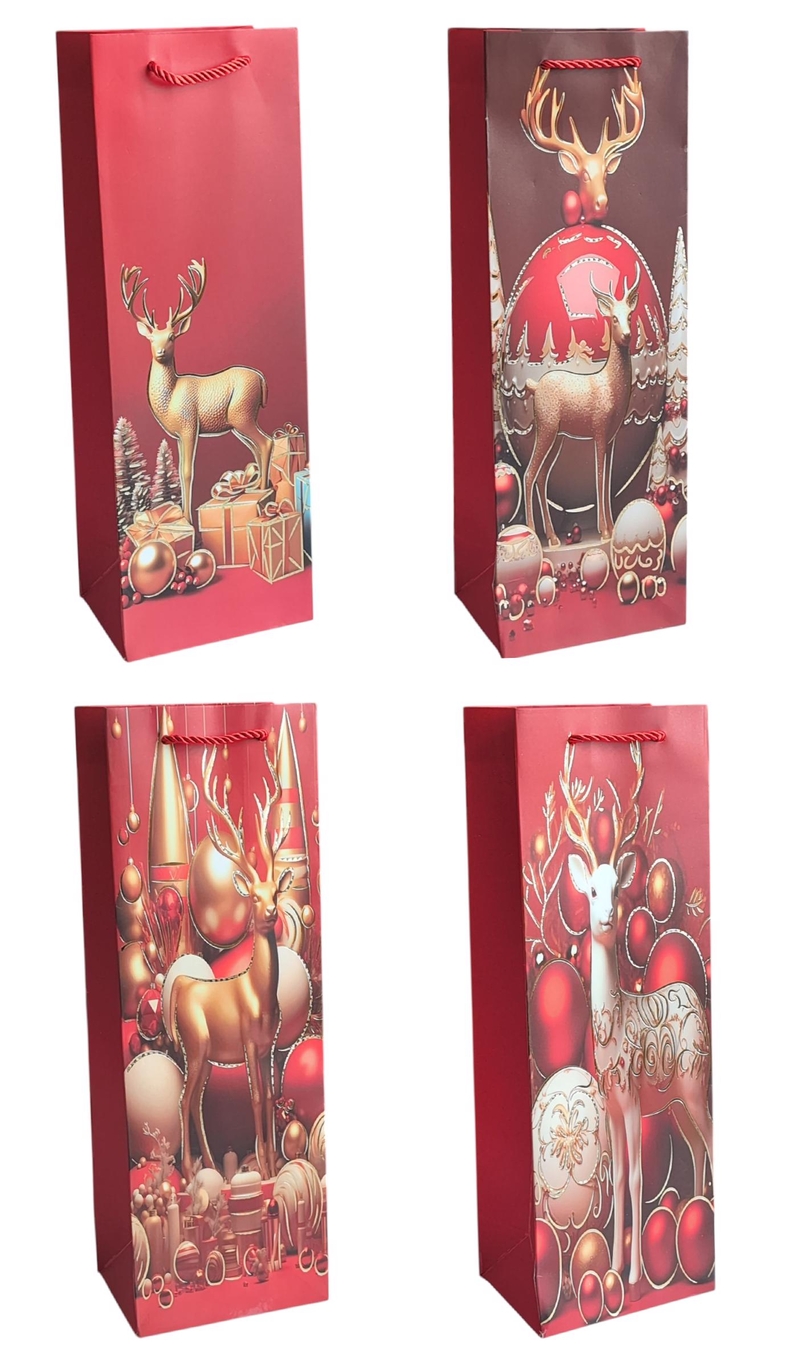 Dárková taška na láhve V - Vánoční paroháči 12x35x9cm (12ks/bal,600/krt)