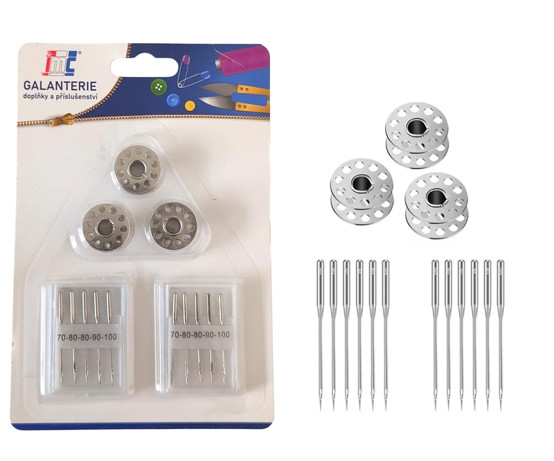 Strojové jehly 2x 70-100mm a 3 cívky (12sad/bal,288/krt)