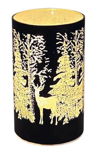 Svítící skleněný válec s motivem lesa - černý, 12,8x7,5cm